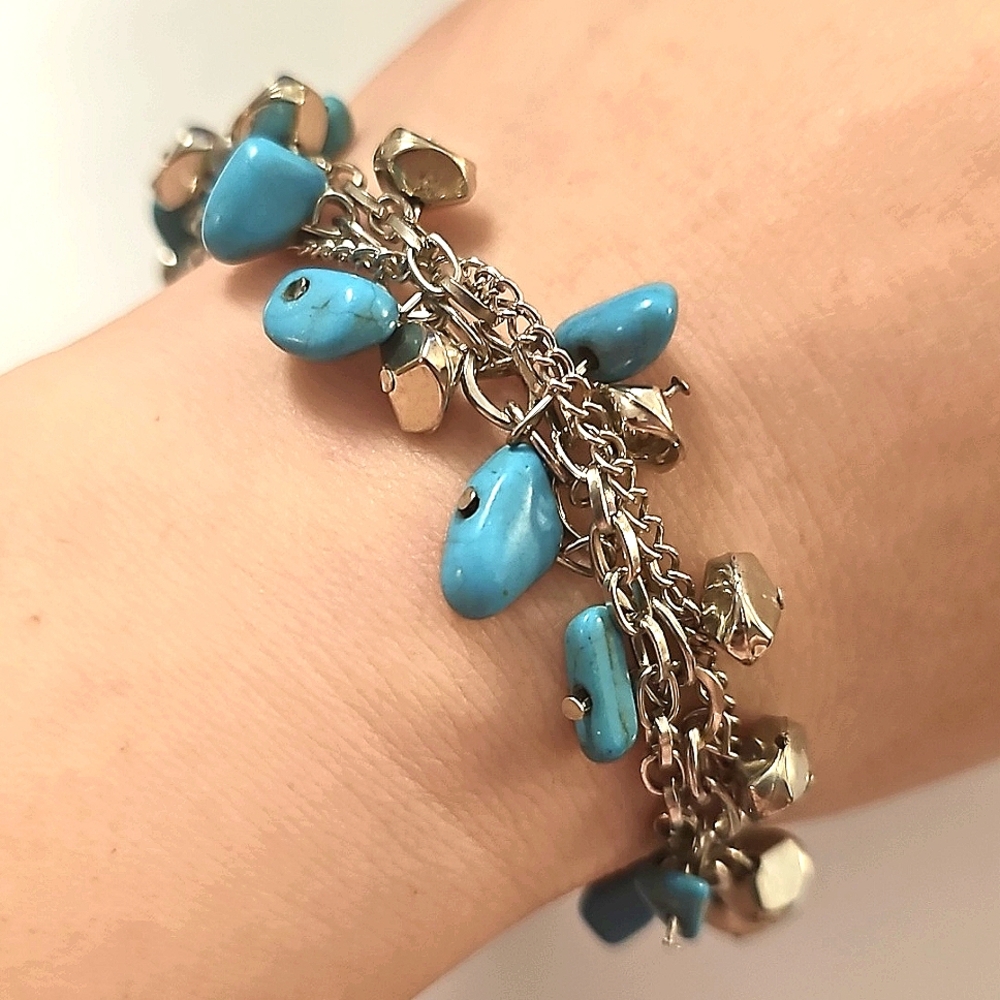 Multi-strand Faux Turquoise and Silvertone Chain Charm Bracelet